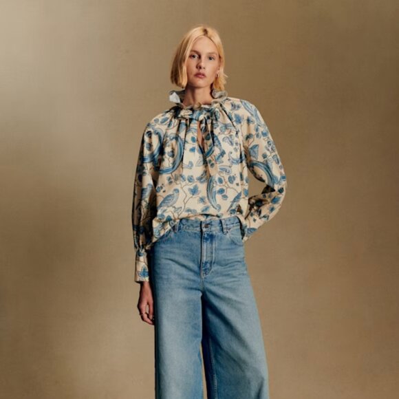 Sézane x Antoinette Poisson NWT Hillis Blouse in Blue Birds Print Size 38/US 6 - Picture 3 of 4